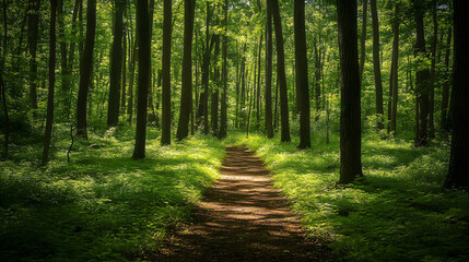 Obraz premium Sunlit Forest Path: A Tranquil Woodland Walk