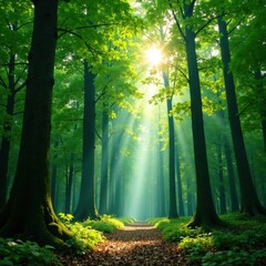Obraz premium Sunlight filters through leaves of towering trees in a dense forest, trees, greenery