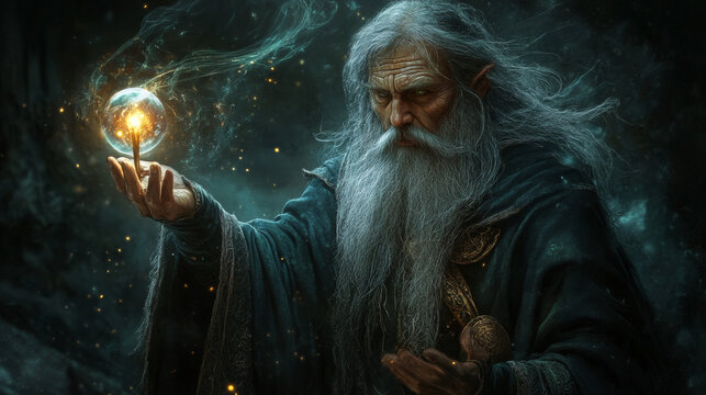 Old wizard character working magic isolated on background. Vector cartoon illustration of senior man with long gray beard, wearing cloak, wand and fortunetelling ball in hands, wise wrinkled face