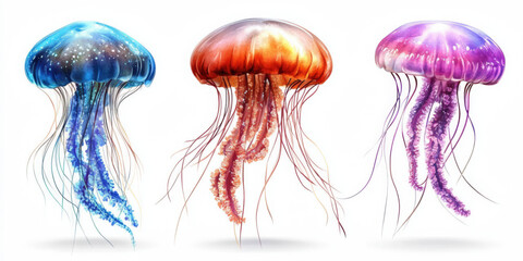 Fototapeta premium Whimsical watercolor jellyfish icon set unique marine creatures on white background