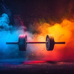Barbell in colorful smoke clouds. Dynamic gym workout concept, fitness and strength training, vibrant and powerful.

