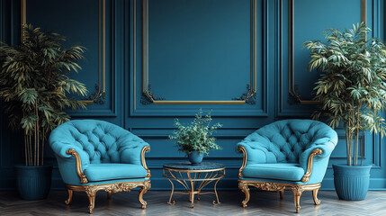 A blue room with two chairs and a table