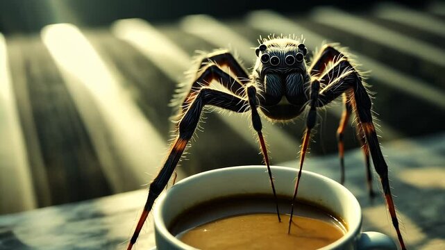 Spider in cup of coffee. Tarantulas and spiders in a coffee mug. A blurred light beam in the background. A spider in a mug of lifestyle coffee.