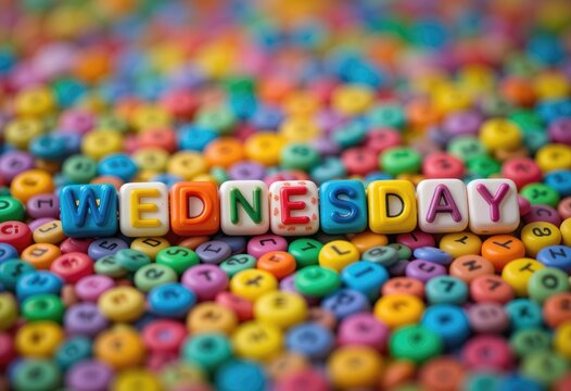Wednesday Spelling with Colorful Letter Beads on Scattered Background