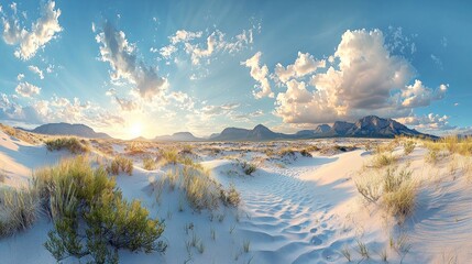 Fototapeta premium Panoramic desert sunset landscape, white sand dunes, mountains in background