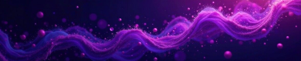 Swirling purple particles dance against a dark mesh background, vibrant colors, cybernetic