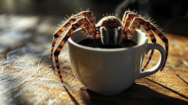 Spider in cup of coffee. Tarantulas and spiders in a coffee mug. A blurred light beam in the background. A spider in a mug lifestyle of coffee.