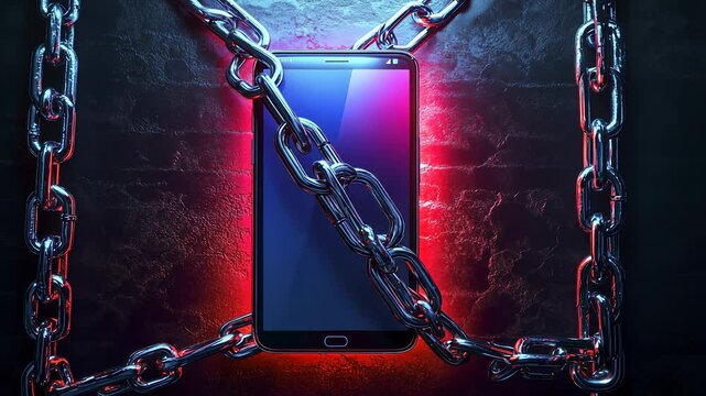 Smartphone is chained to brick wall. A dark chain of smartphones on a dark background. Neon light on the wall. A smartphone is secured to a brick wall lifestyle.