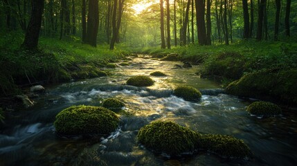 Obraz premium Sunlight streams through a tranquil forest stream, moss-covered rocks and lush greenery.