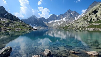 Serene alpine lake reflecting majestic mountains under a vibrant blue sky.