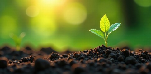 Tiny saplings emerge from soil with sunlight peeking through leaves , plant, tree