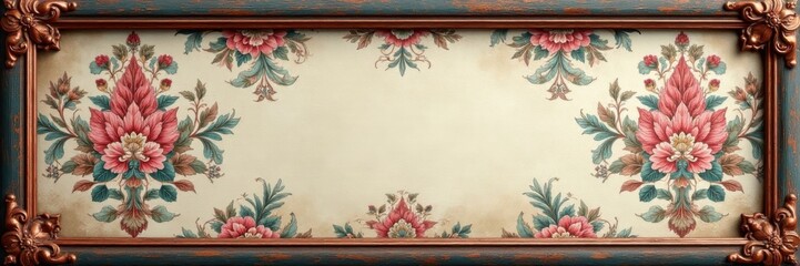 Traditional damask print with distressed wooden frames and copper accents, retro, ornate