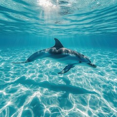 Obraz premium Dolphin swimming underwater in crystal-clear turquoise water, sunbeams penetrating the surface.