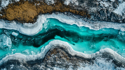 Fototapeta premium A scenic body of water featuring a brown substance reflecting under the midday sun with ice surfaces capturing natural beauty.