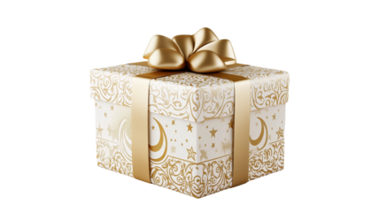 Intricate White and Gold Gift Box with Star and Crescent Moon Patterns Wrapped in Festive Gold Ribbon Bow for Special Occasions - Eid Mubarak 2025 Islamic PNG Isolated Transparent White 4K Background