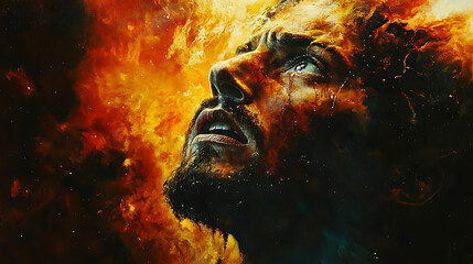 Fototapeta premium A symbolic moment of divine wrath, Korah standing frozen in horror as the earth cracks below, fire and smoke reflecting in his desperate eyes, cinematic close-up,
