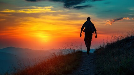 Obraz premium Silhouette of a hiker walking on a mountain path at sunset.