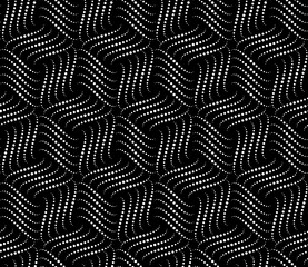 Black and white seamless pattern. Modern geometric background with shaped tiles of dots.