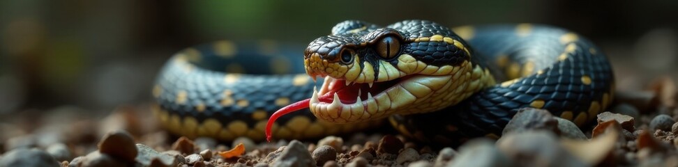 Obraz premium Venomous snake with forked tongue protruding from mouth, venomous snakes, reptile species