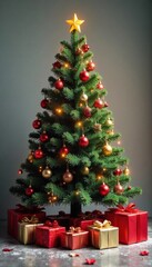 Vibrant Christmas tree standing tall amidst a scattering of beautifully wrapped presents and festive decorations, Holiday Decorations, Colorful Ornaments