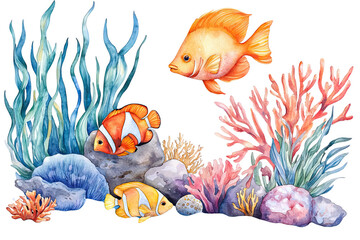 Fototapeta premium A vibrant underwater scene featuring colorful fish swimming among various corals and sea plants.