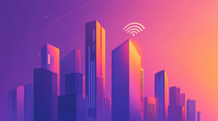 5G network technology, isometric concept vector illustration. Smart city, buildings with 5G symbol wireless internet and mobile phone isolated on ultraviolet background. High speed internet web page