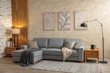 A chic, contemporary, large living room featuring a poster frame, a gray sofa, wooden cubes, pillows, plaid, carpet, and white art