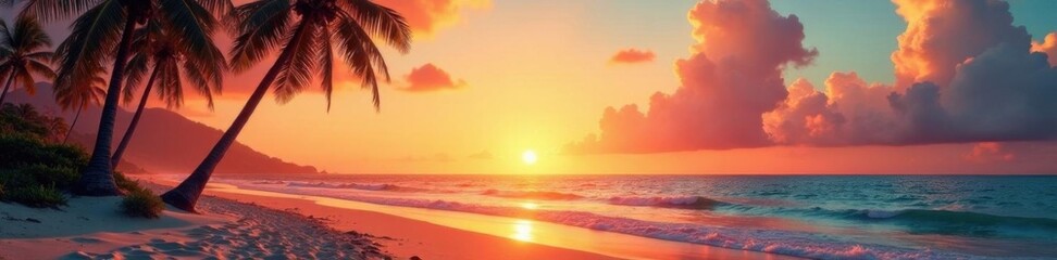 Fototapeta premium Vintage style palm trees on a sandy beach at sunset , tree, island