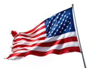 Fototapeta premium American Flag Waving Proudly on Pole Against White Background Symbol of Patriotism