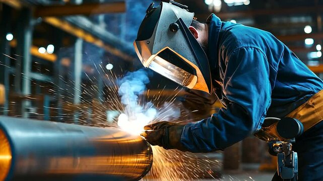 Skilled welder expertly fusing steel pipes in an industrial setting.
