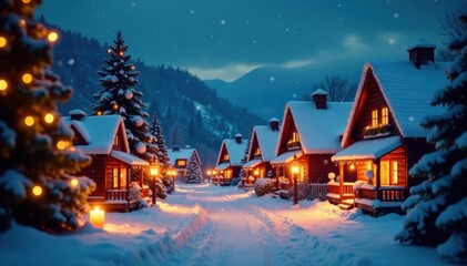 Fototapeta premium Warm candlelit Christmas village scene with festive buildings and snow-covered rooftops, christmas, snow