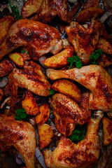 Roast chicken legs with potatoes and onions in the oven, homemade. No people.