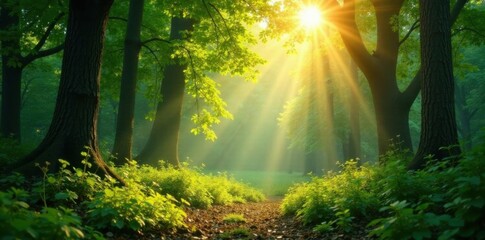 Obraz premium Warm sunlight filters through lush green canopy, casting dappled light on forest floor , greenery, nature