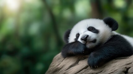 Obraz premium Sleepy panda cub resting on a log