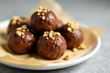 Close-up of several nutty chocolate energy balls on parchment paper , round, white chocolate, no added sugar
