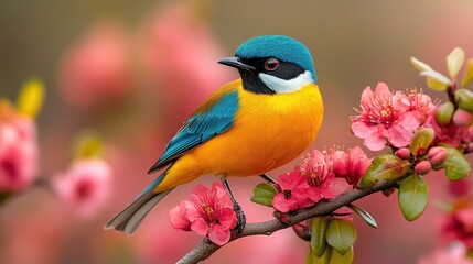 Obraz premium Vibrant blue and orange bird perched on a flowering branch.