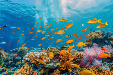 Obraz premium Coral reefs serve as vital ecosystems for fish providing them with shelter sustenance and a complex network of food webs and symbiotic
