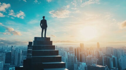 Businessman on Top of the City, Reaching for Success at Sunrise