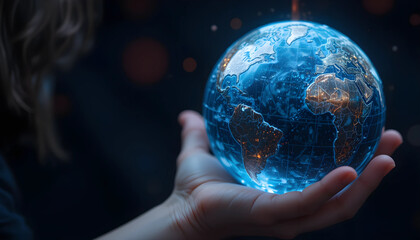 Close-up of a hand gently holding a glowing, digital representation of the Earth.