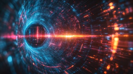 Obraz premium Abstract digital tunnel with glowing lines and particles, representing data flow or futuristic technology.