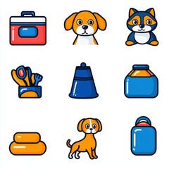 Colorful Icons Set of Pet Care Items Including Food, Grooming Tools, Carrier, and Litter Box for Animal Lovers