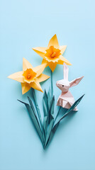 simple mobile size easter greeting banner with top view of minimalistic origami decorations: jonquils and cute little white easter bunny over pastel blue background