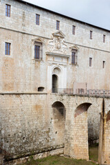 Closeup of the bridge of the Spanish Fort of L'Aquila, Abruzzo, central Italy. The Spanish Fort is a medieval castle.