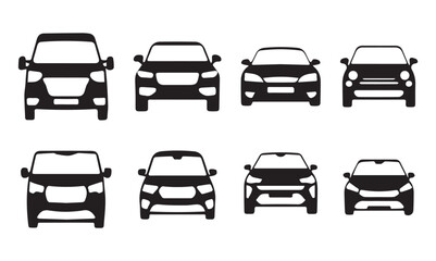 Simple car icon collection isolated on a white background. Front view symbol of auto, vehicle, automobile, sedan, van. Transport, car sharing, or delivery concept icons. Flat style vector eps file