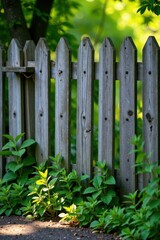Fototapeta premium Weathered wooden fence with overgrown vegetation , rustic fence, weathered wood