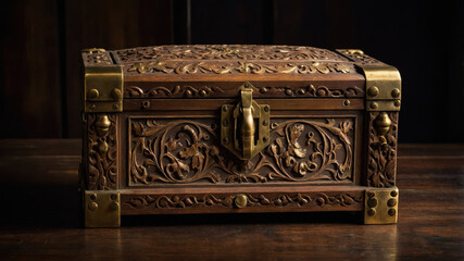 Closed wooden chest with brass hinges and carved decorations resting on a wooden surface