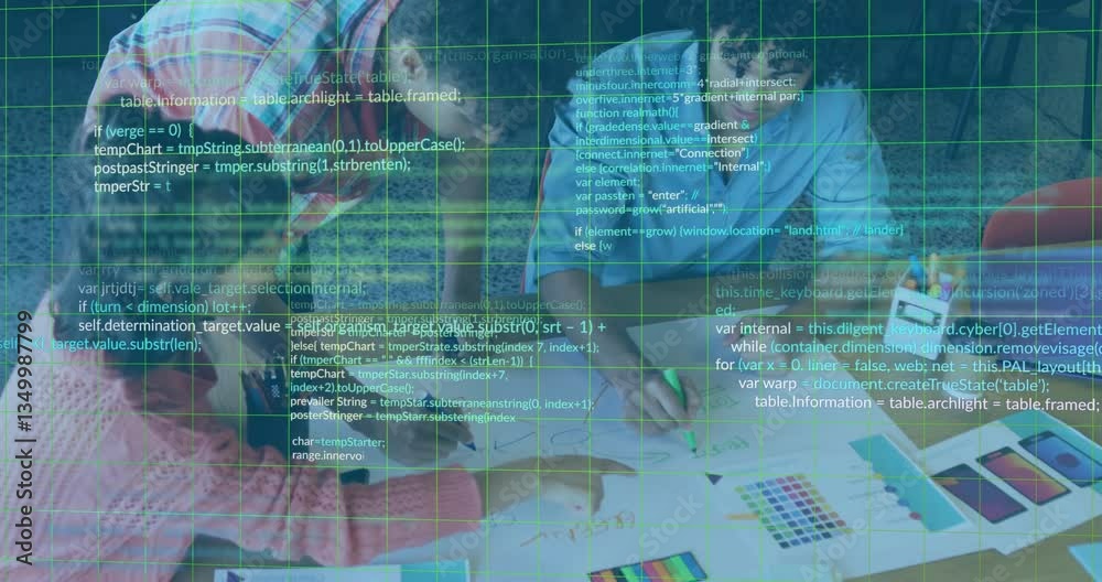 Poster collaborating on project, people in school with programming code animation overlay