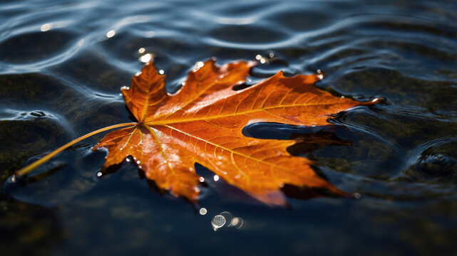 Orange maple leaf floating on dark blue water surface