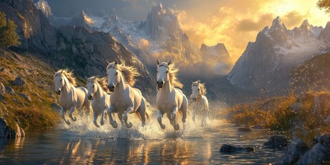 7 white horses running in the mountains, a beautiful scenic landscape, with the warm glow of sunset light