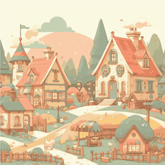 Naklejka premium Whimsical Village Scene in Soft Pastel Colors [with copy space]